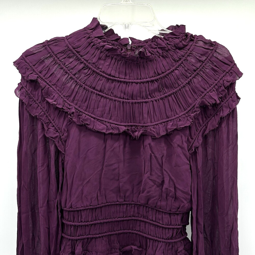 Farm Rio Size XXS Purple Smocked Long Sleeve Mock Neck Ruffled Peplum Top NWOT - Picture 5 of 13